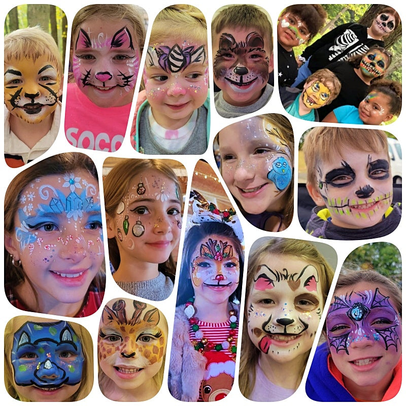 Collage of children happy with the fun face paint in the Ohio, Pennsylvania and West Virginia tristate area. Painted faces are provided at parties, events and craft fairs.
